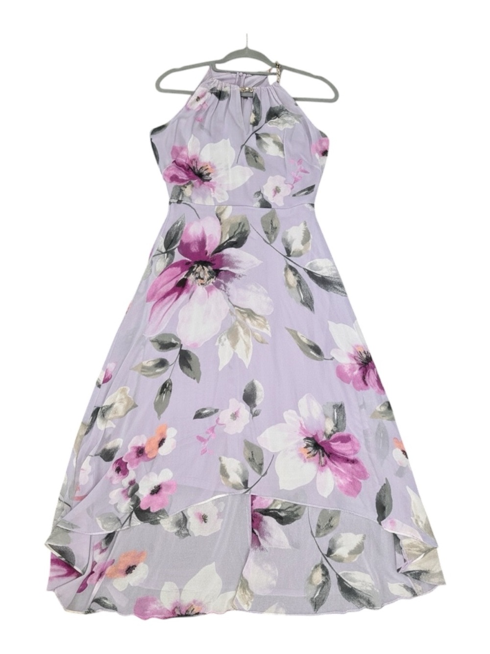 WHBM Lavender Floral Gold Chain Halter High-Low Dress Sz 2 Spring Summer Cocktai - Picture 2 of 16